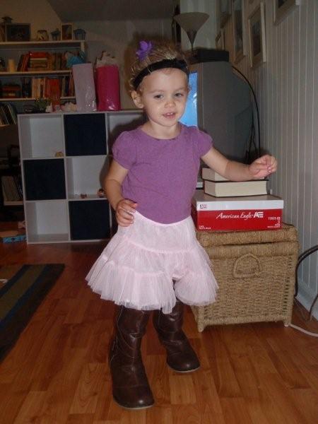 Mom's boots go great with my new tutu